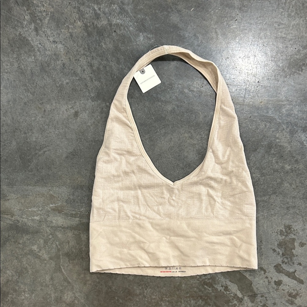 Beige Ribbed V-Neck Halter Top